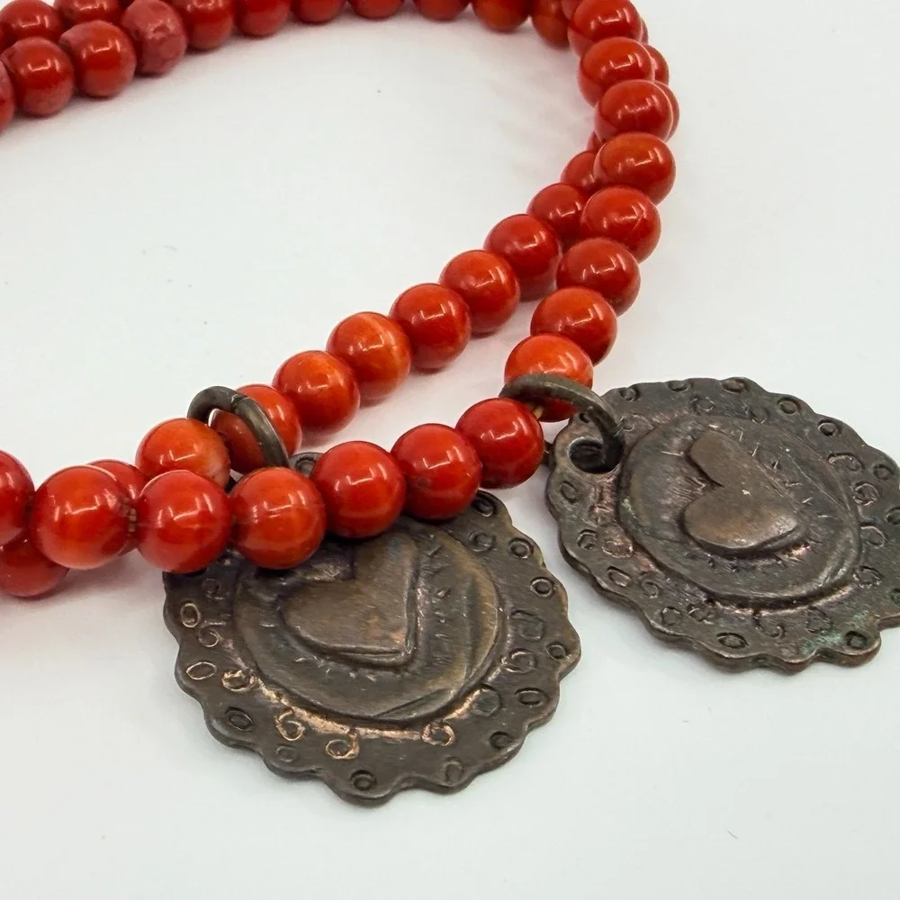 Vintage Red Beaded Double Strand Bracelet Bronze Heart Charms‎ Boho Artisan Y2K